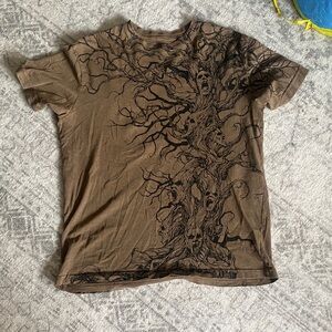 Affliction Brown Short-Sleeve Graphic Tee with Tree Faces